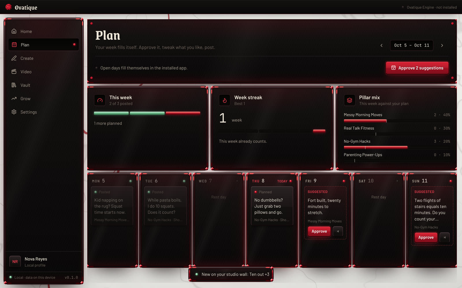Ovatique's weekly plan: posted, planned and suggested posts for each day