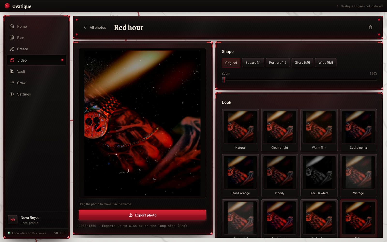 The photo editor: a red-lit close-up of a hand and a watch, with looks to choose from