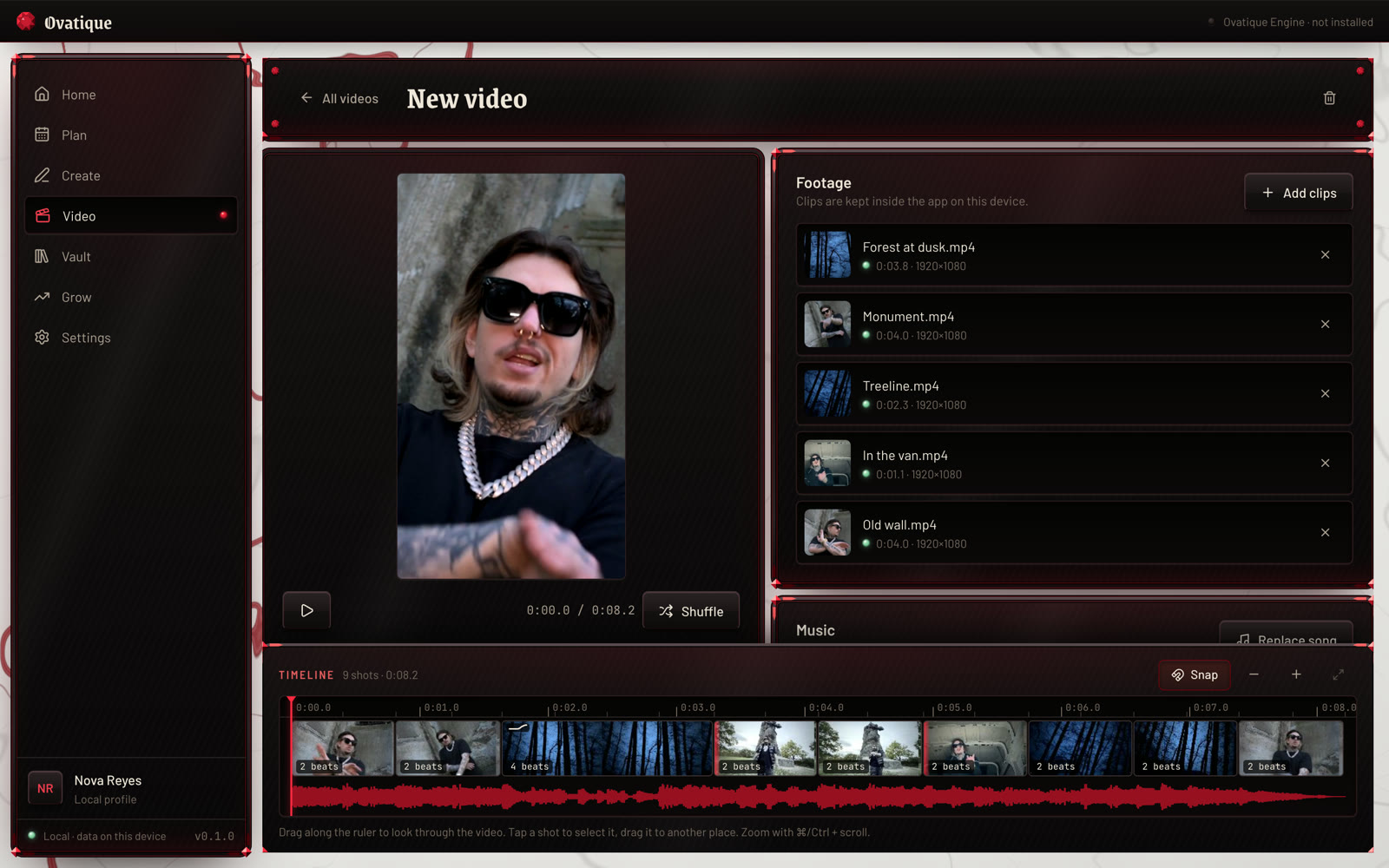 The video editor: clips of a forest at dusk, a monument and an old wall cut on the beat of a song, with the timeline